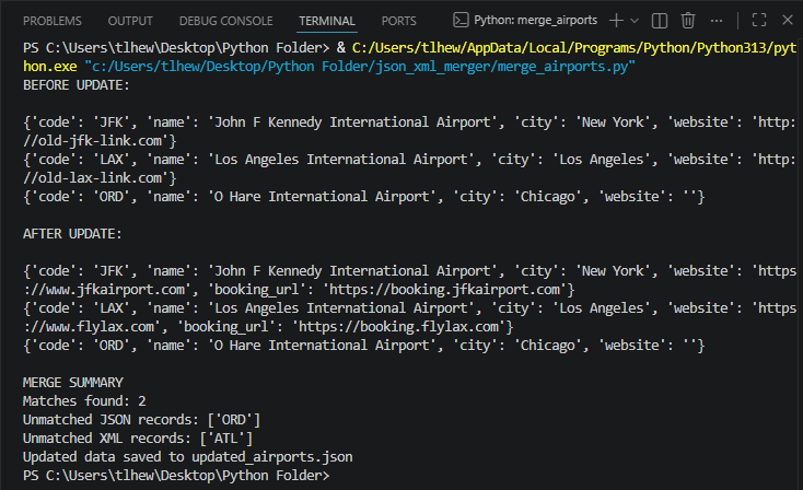 Terminal output from the airport JSON and XML merge script showing before and after values plus the merge summary