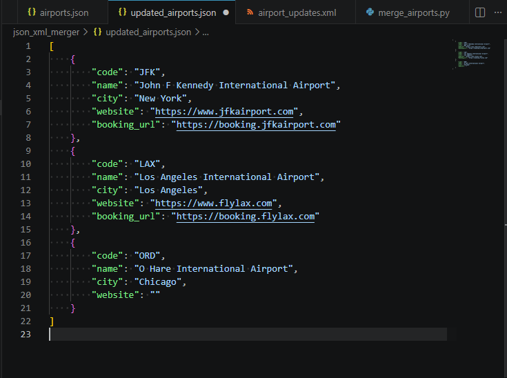 Updated airport JSON output showing website fields refreshed and new booking URL fields added to matching records