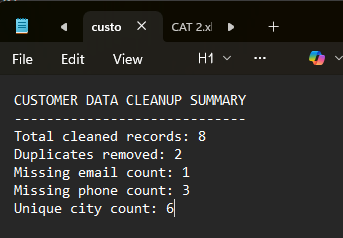 Customer cleanup summary text screenshot showing total records, duplicates removed, and missing values
