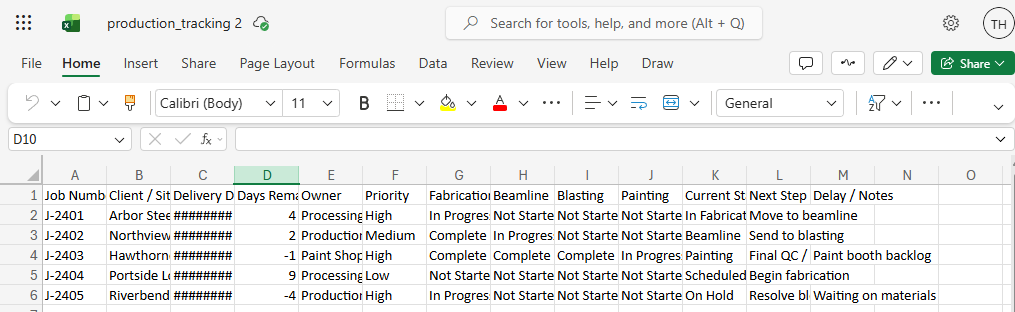 Excel production tracking workbook screenshot with job, status, and notes columns