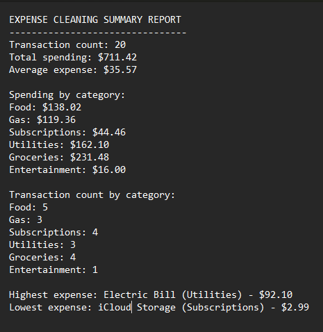Expense cleanup summary text screenshot showing totals and category breakdowns