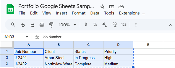 Google Sheets screenshot with job number, client, status, and priority columns